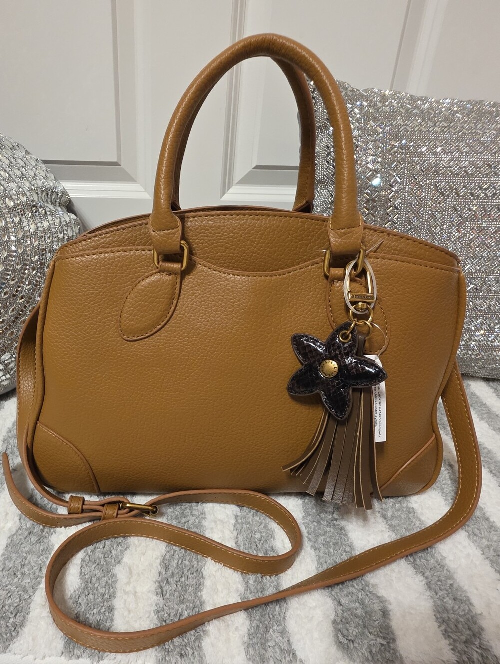 Steve Madden NWT Tan Leather Satchel Handbag with Tassel Charm MSRP$108